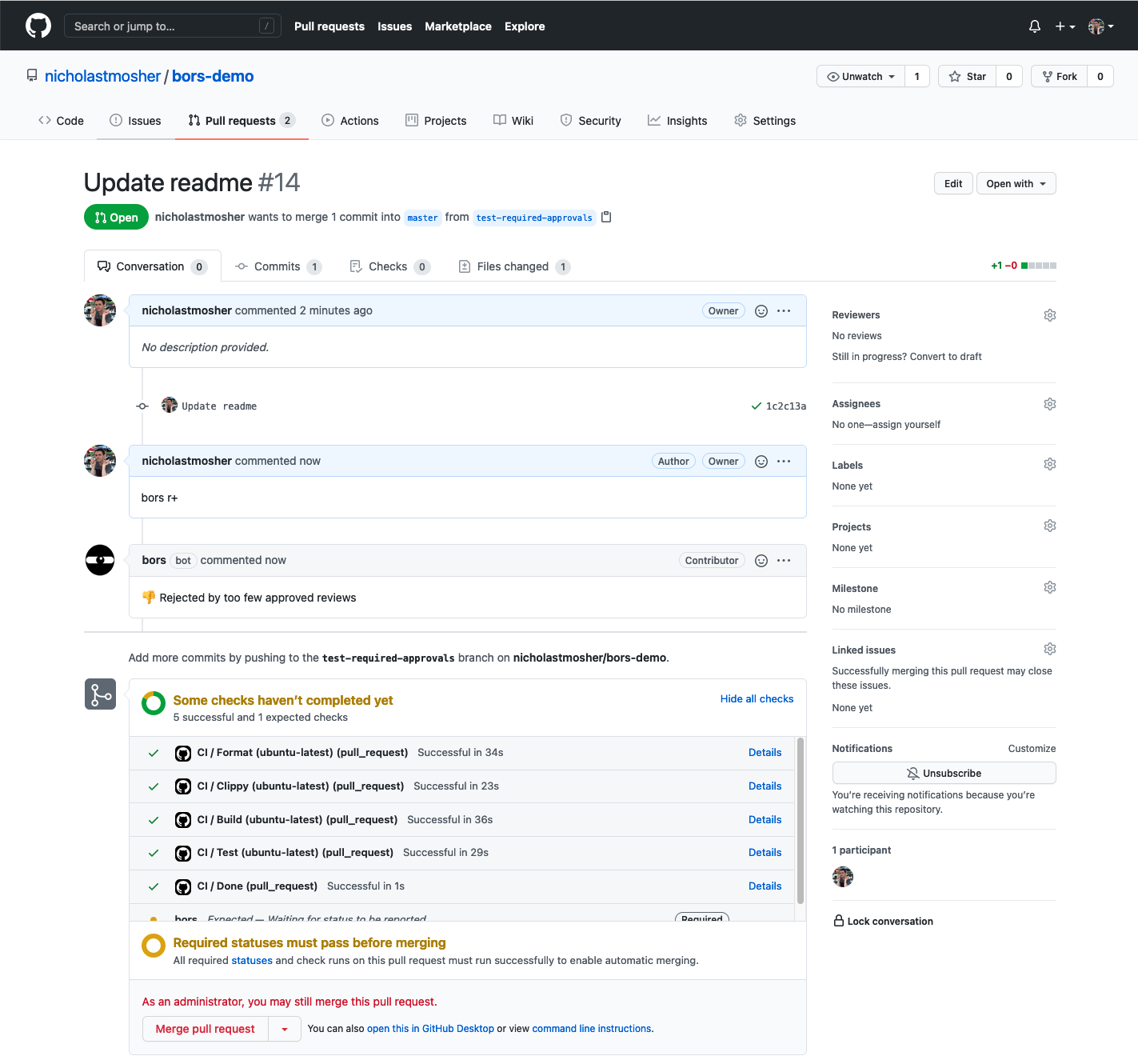 A screenshot of a GitHub PR where a bors r+ command was rejected due to too few approvals