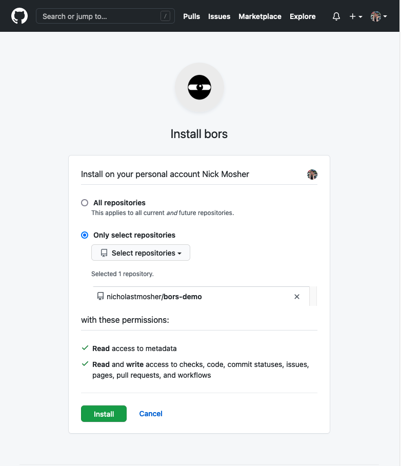 A screenshot of GitHub asking for permission to add Bors to specific repositories