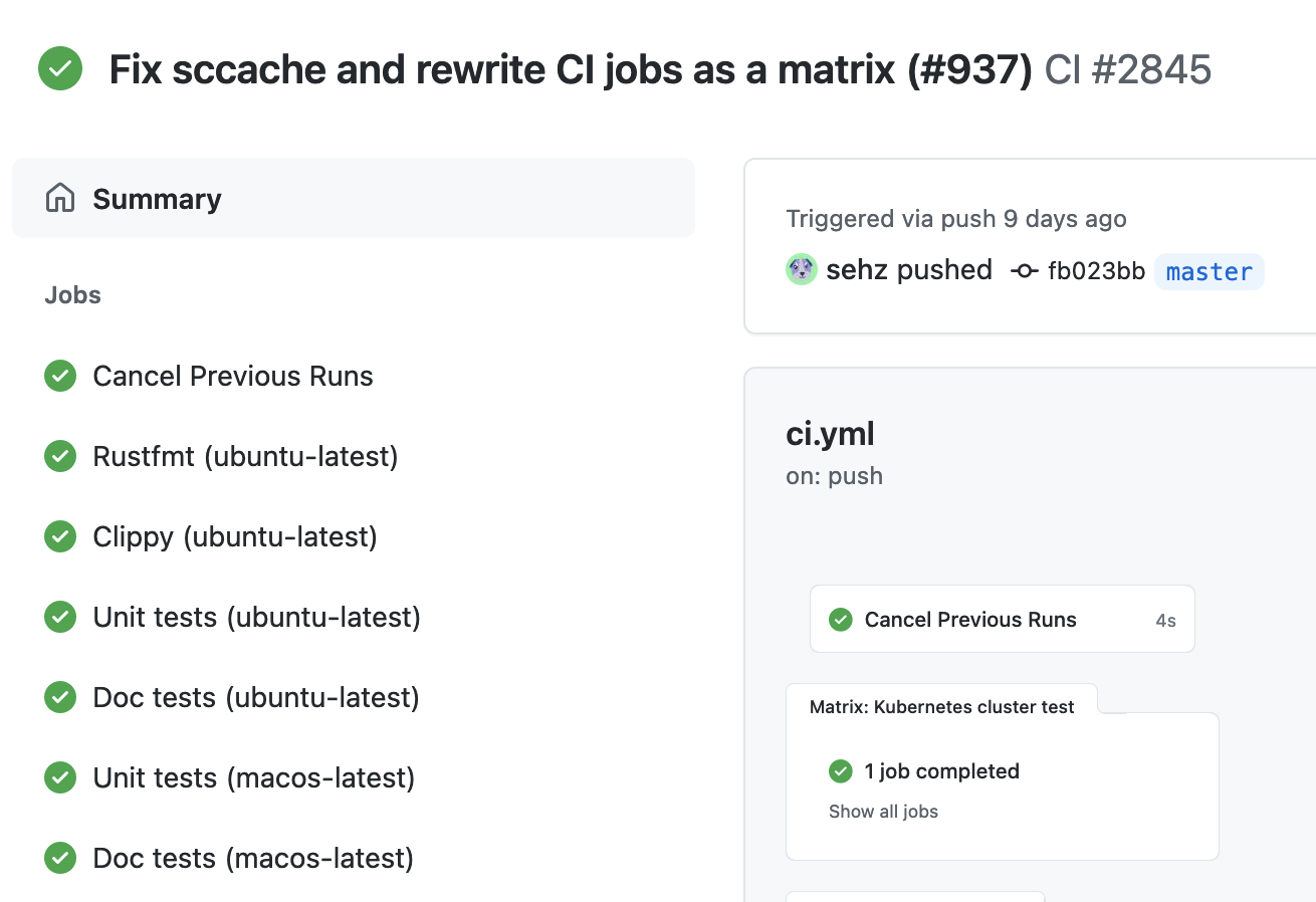 Workflow jobs as shown by the GitHub Actions dashboard